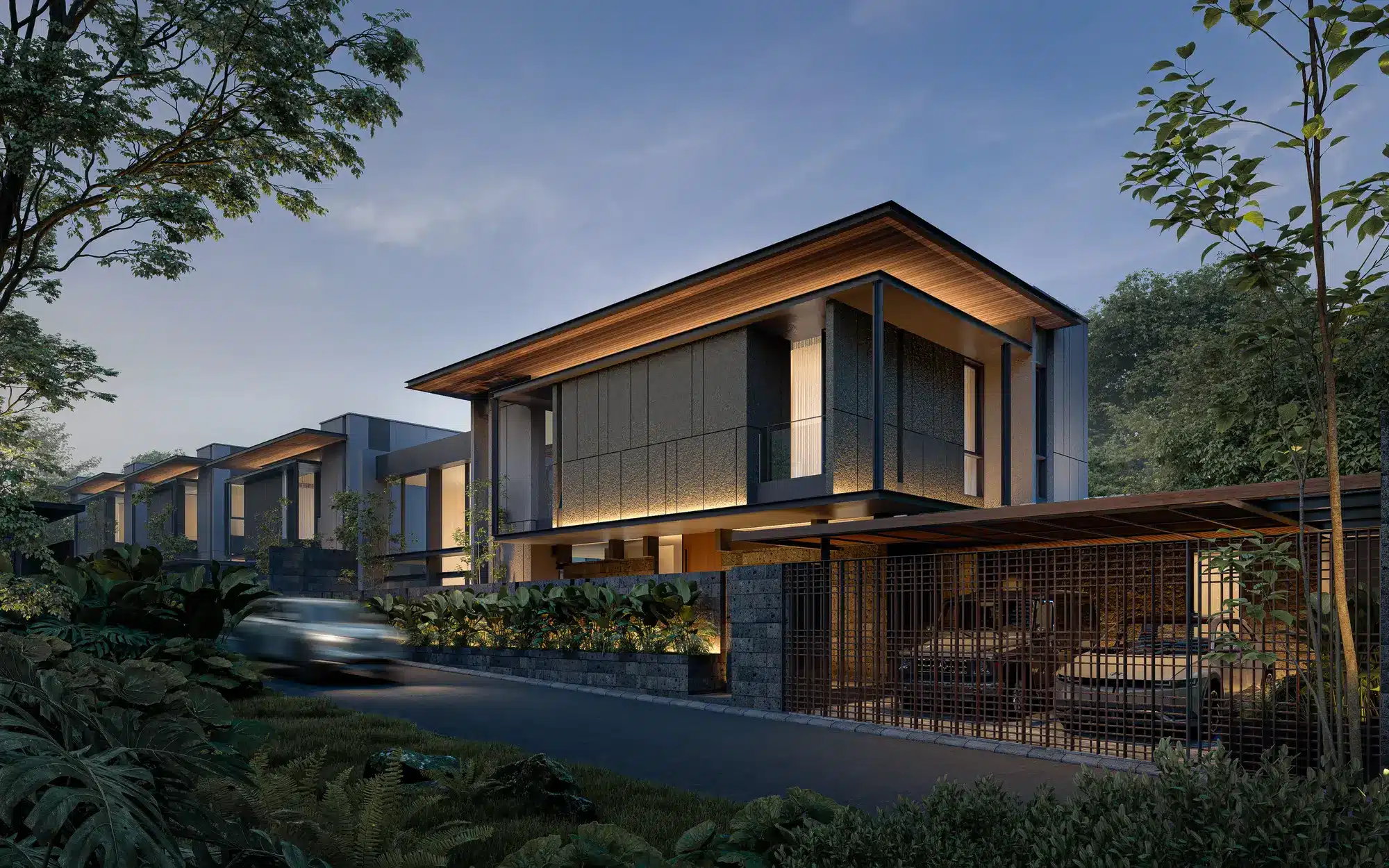 Modern villa exterior at night at Azura Living, a Bali property investment in Tabanan
