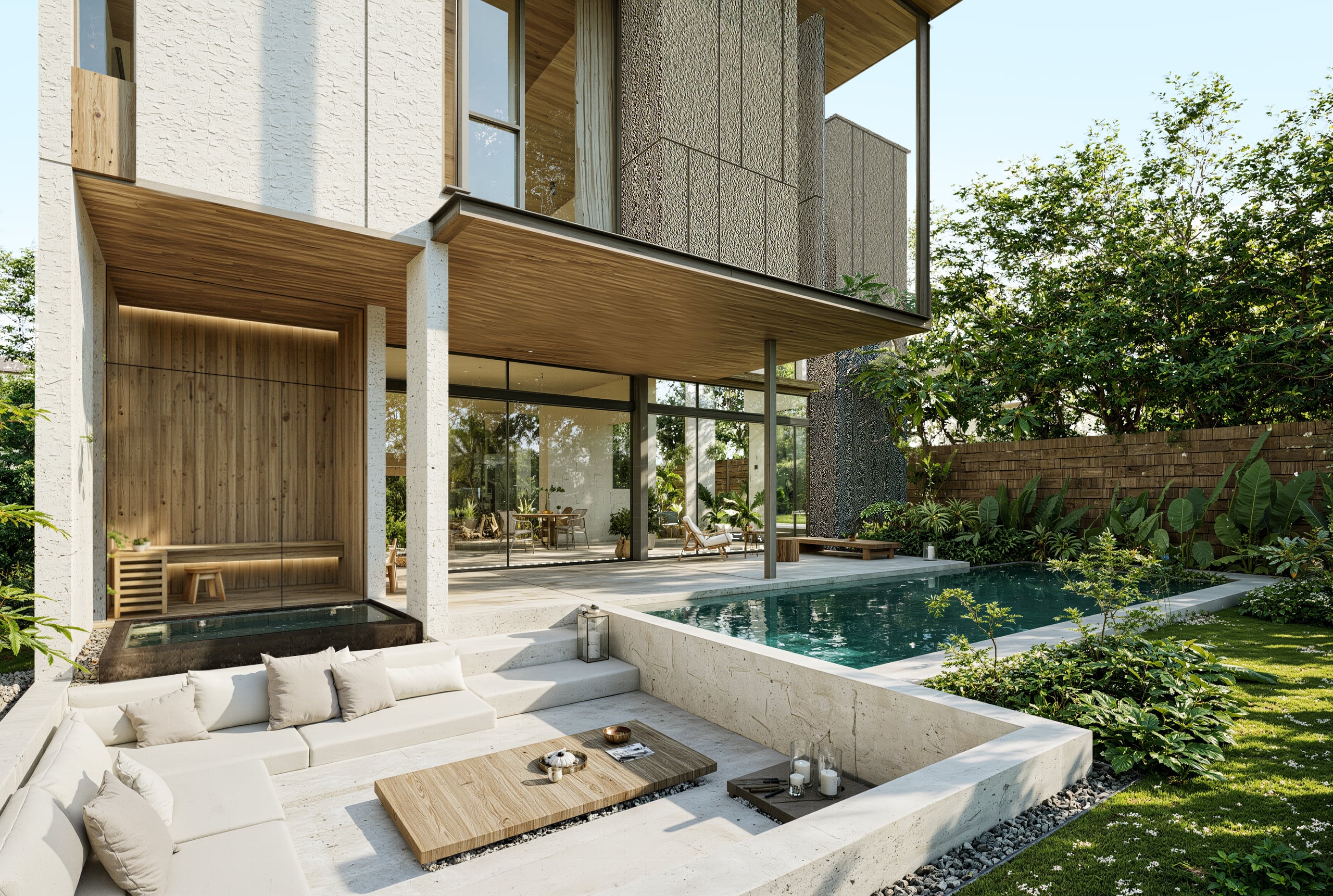 Garden with sunken sauna and plunge pool at a Bali property investment villa in Tabanan