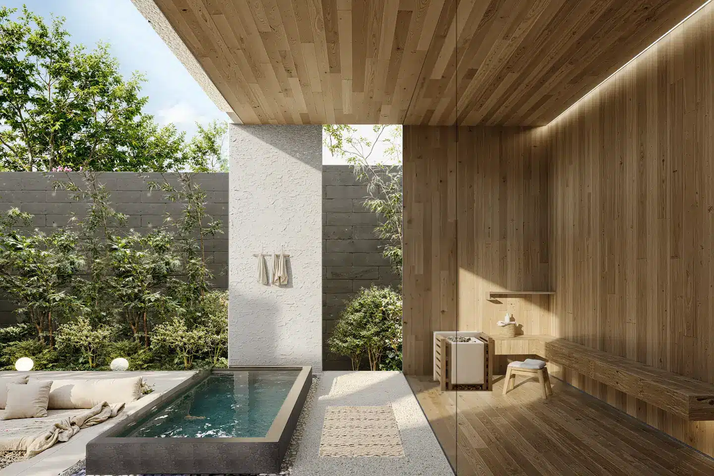Private wellness area with cold plunge and sauna in an Azura Living Bali investment property